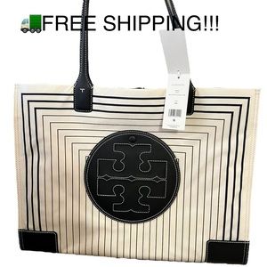 NWT Tory Burch Fabric and Black Accent Faux Leather - Bottom, Logo, Handles